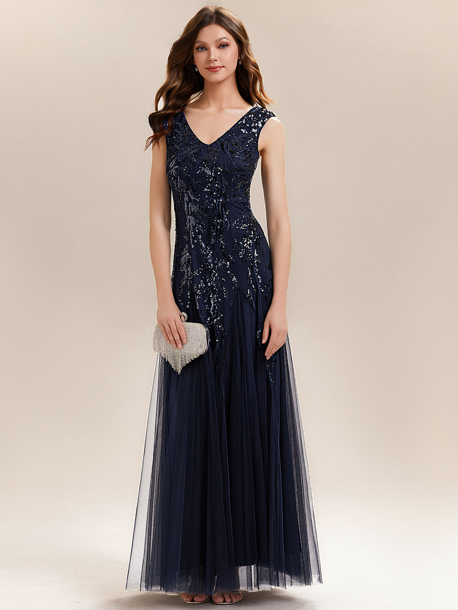 Glitter Embroidered Cap Sleeve High Stretch Mother of the Bride Dress #color_Navy Blue