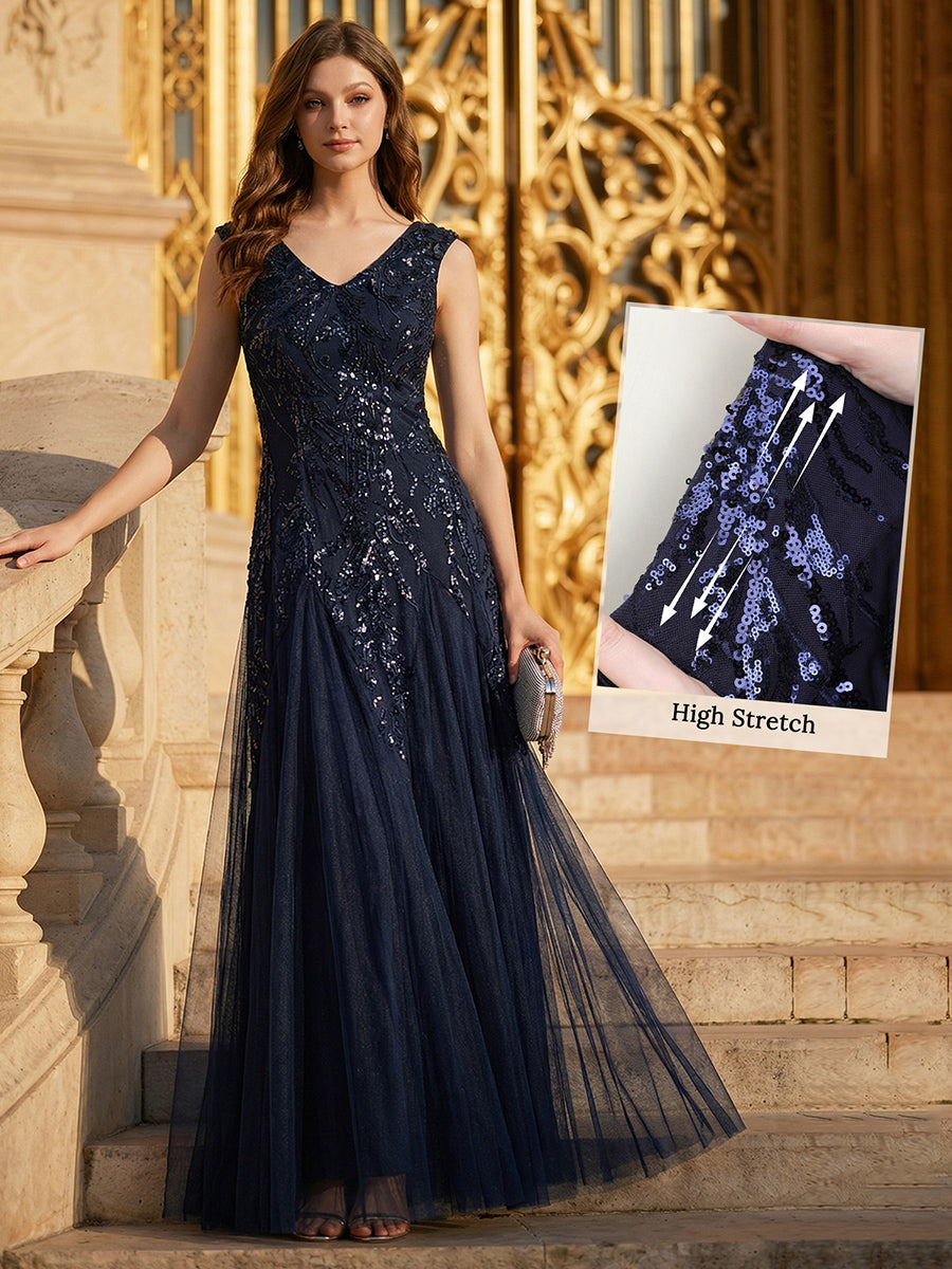 Glitter Embroidered Cap Sleeve High Stretch Mother of the Bride Dress #color_Navy Blue