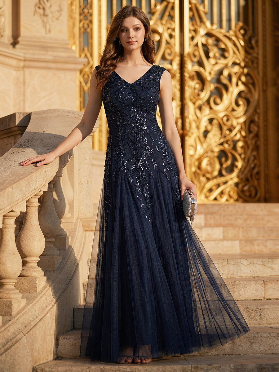 Glitter Embroidered Cap Sleeve High Stretch Mother of the Bride Dress #color_Navy Blue