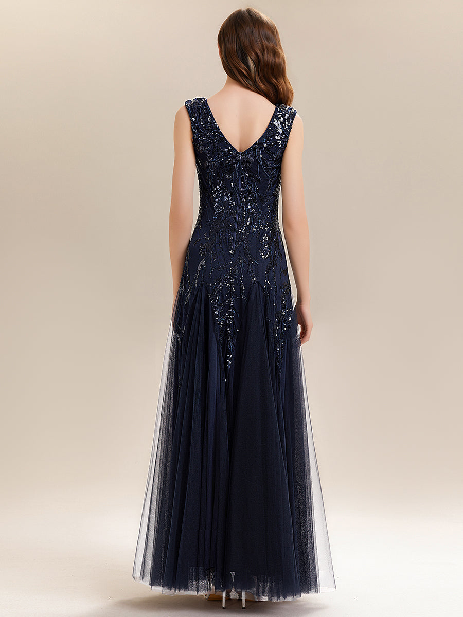 Glitter Embroidered Cap Sleeve High Stretch Mother of the Bride Dress #color_Navy Blue