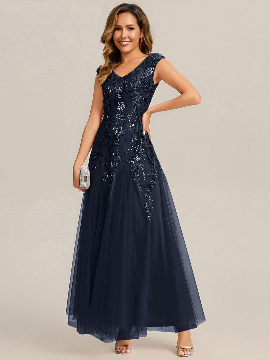 Glitter Embroidered Cap Sleeve High Stretch Mother of the Bride Dress #color_Navy Blue