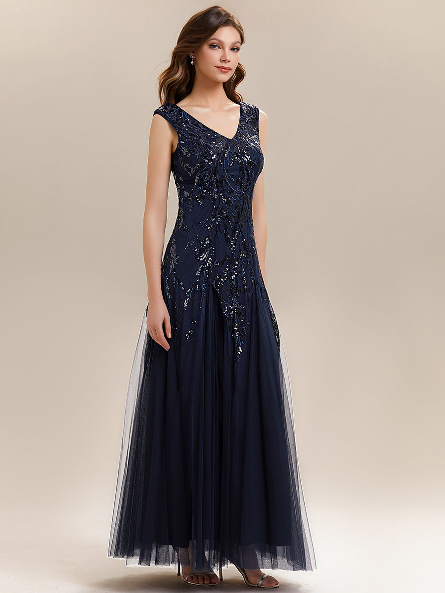 Glitter Embroidered Cap Sleeve High Stretch Mother of the Bride Dress #color_Navy Blue