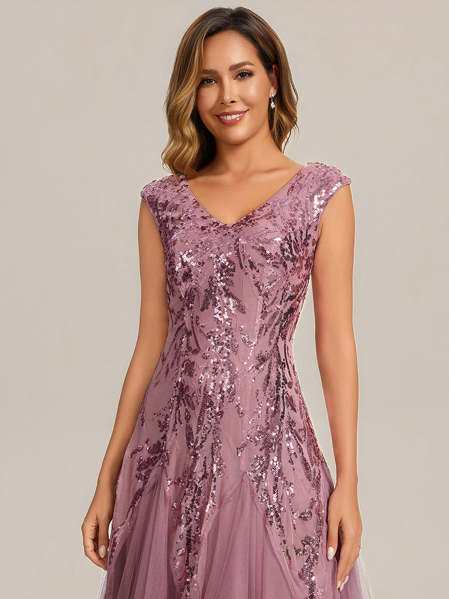 Glitter Embroidered Cap Sleeve High Stretch Mother of the Bride Dress #color_Purple Orchid