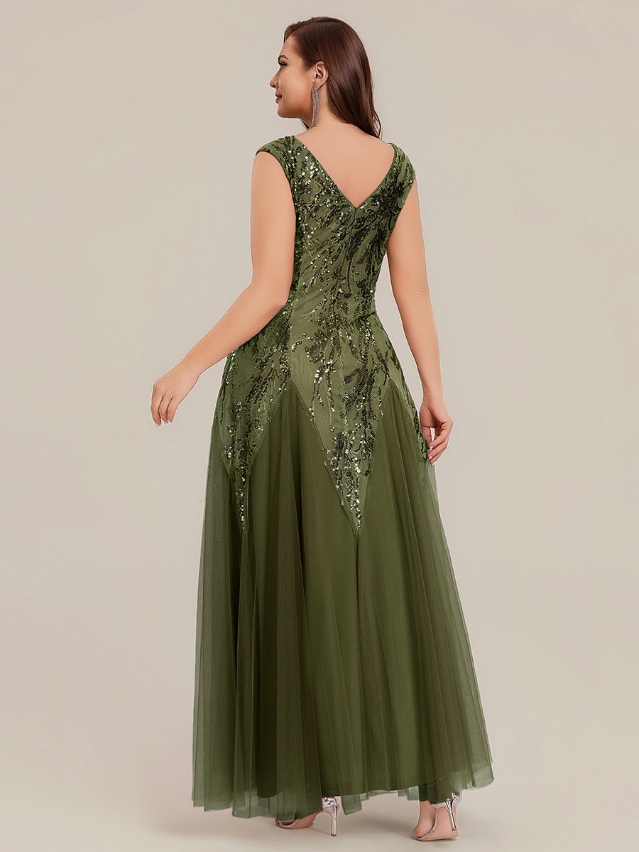 Glitter Embroidered Cap Sleeve High Stretch Mother of the Bride Dress #color_Olive Green