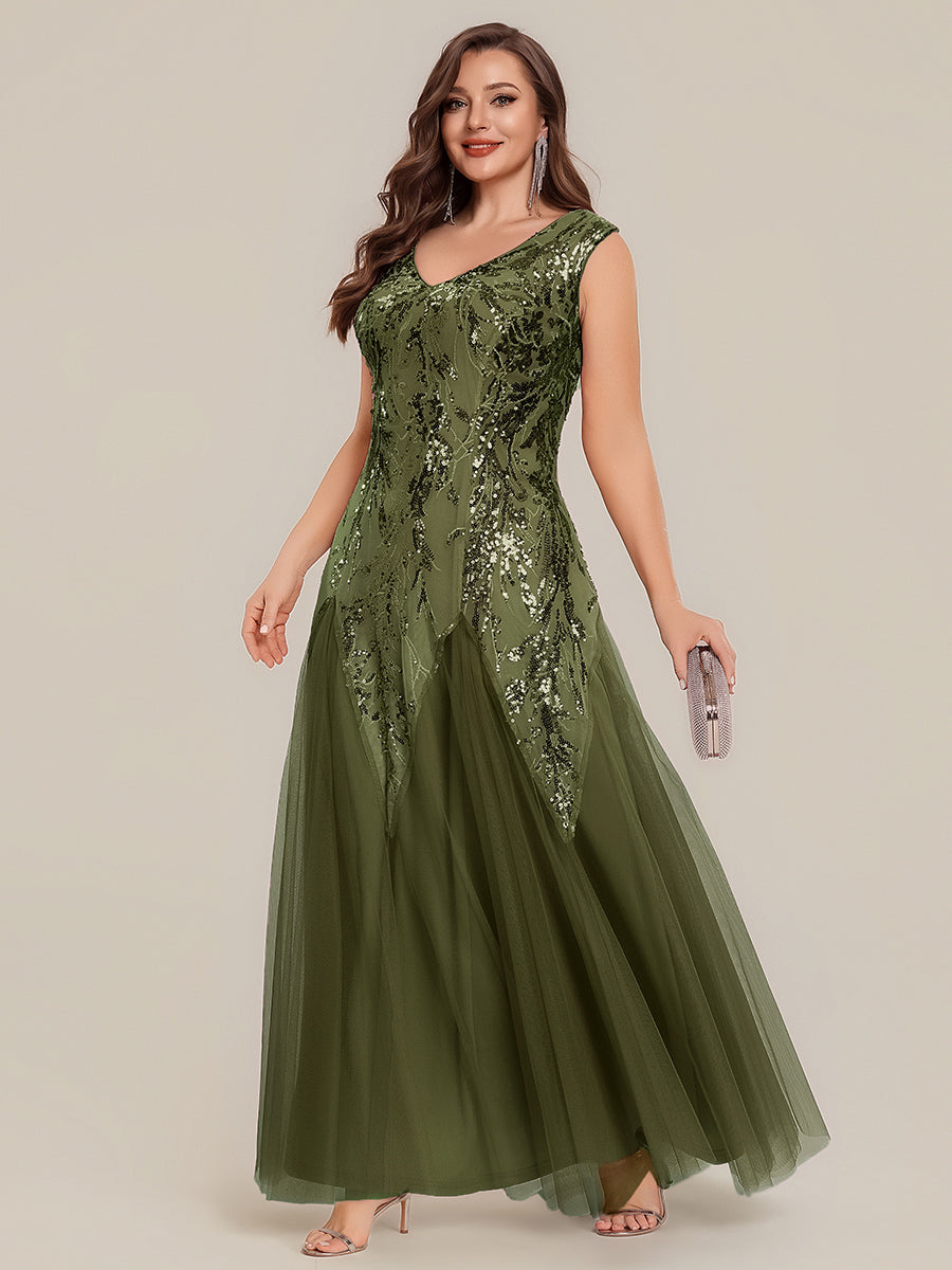 Glitter Embroidered Cap Sleeve High Stretch Mother of the Bride Dress #color_Olive Green