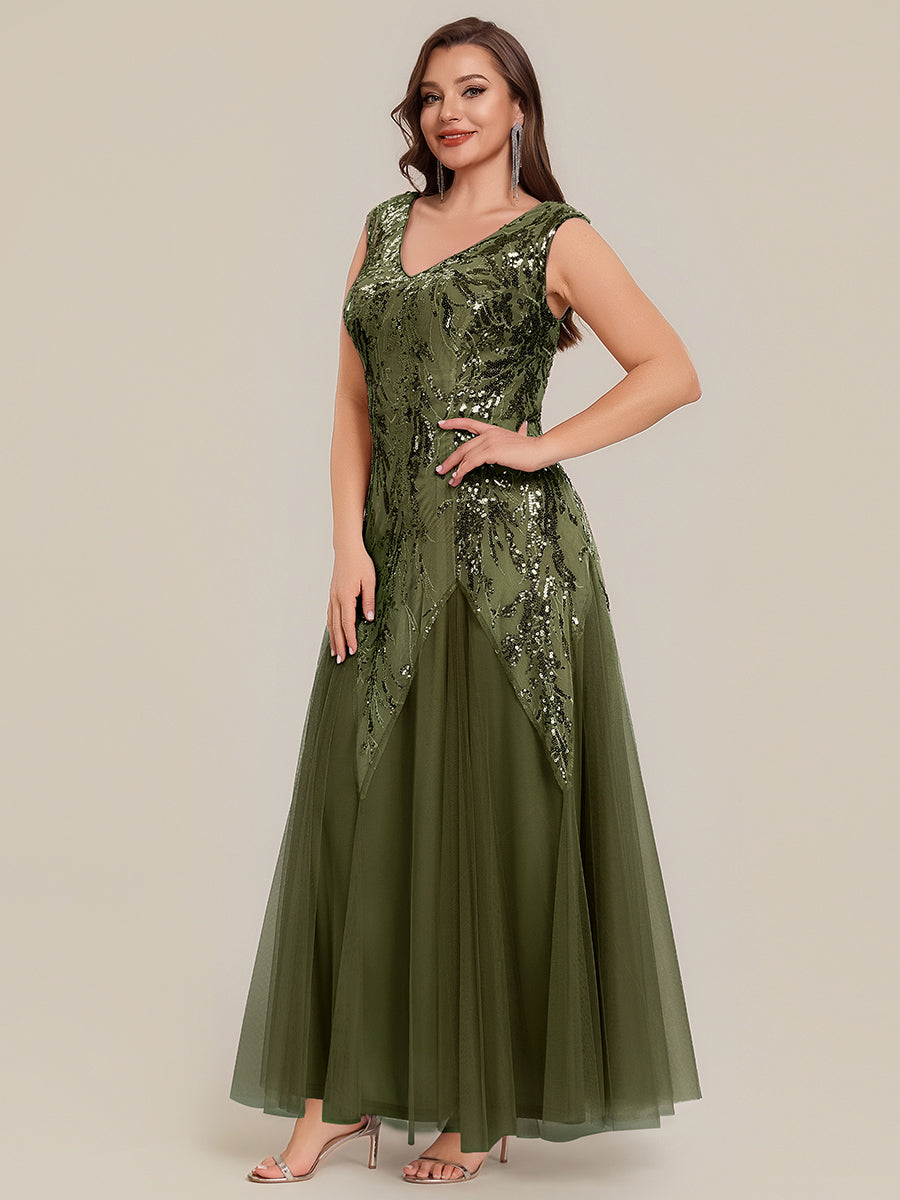 Glitter Embroidered Cap Sleeve High Stretch Mother of the Bride Dress #color_Olive Green