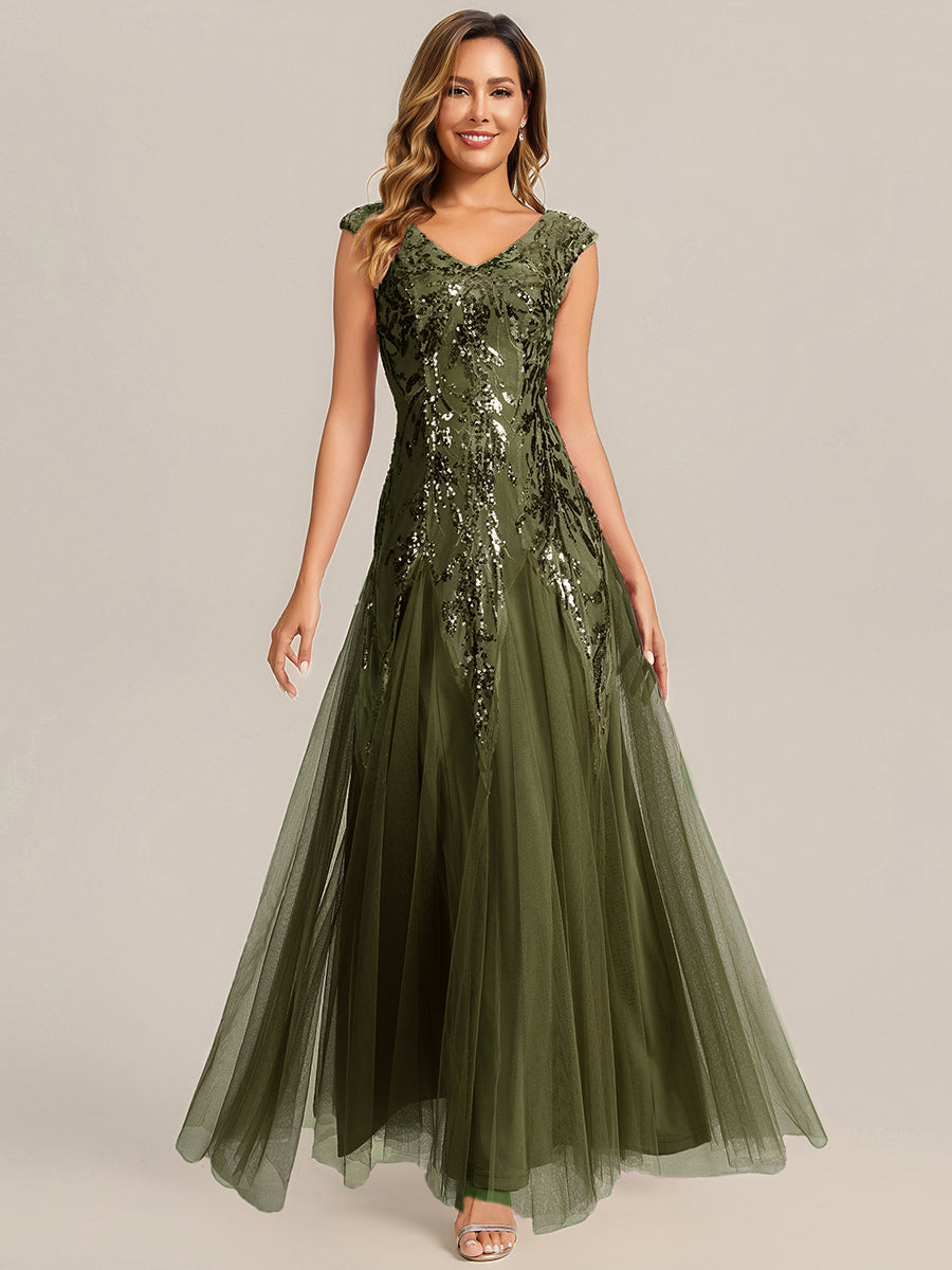 Glitter Embroidered Cap Sleeve High Stretch Mother of the Bride Dress #color_Olive Green