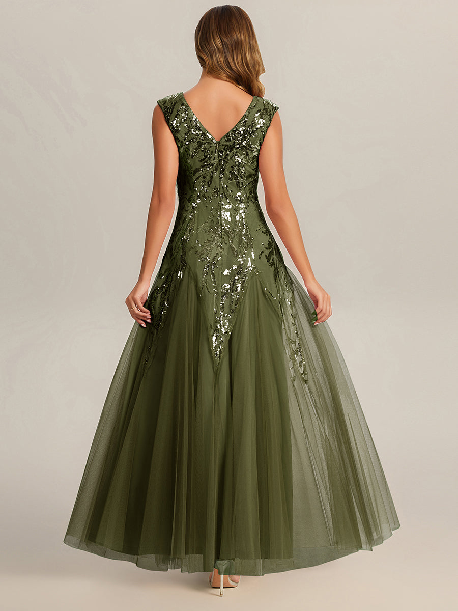 Glitter Embroidered Cap Sleeve High Stretch Mother of the Bride Dress #color_Olive Green