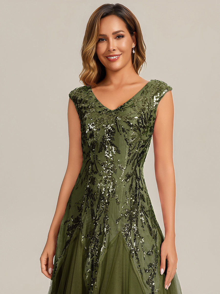 Glitter Embroidered Cap Sleeve High Stretch Mother of the Bride Dress #color_Olive Green