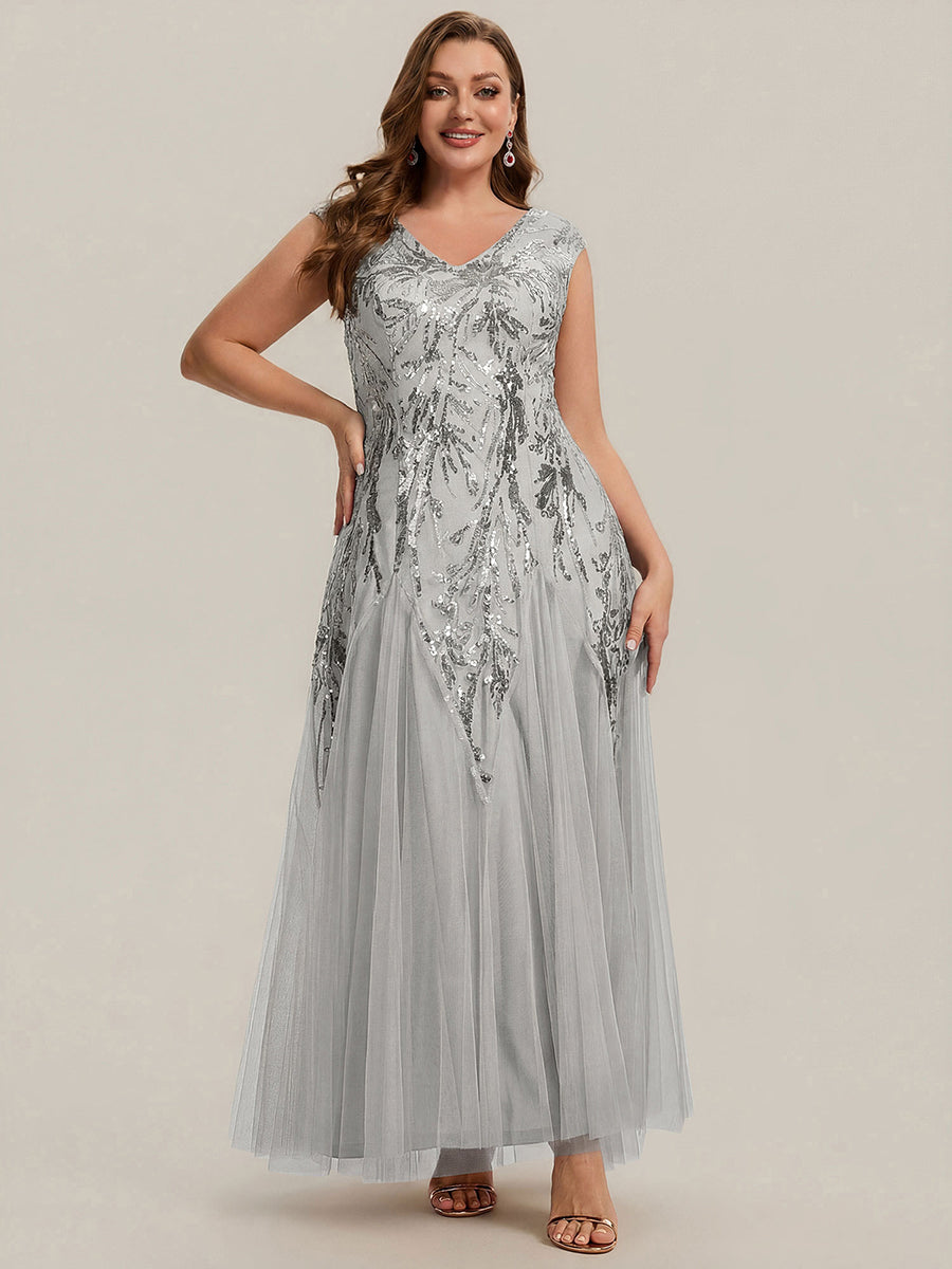 Glitter Embroidered Cap Sleeve High Stretch Mother of the Bride Dress #color_Silver