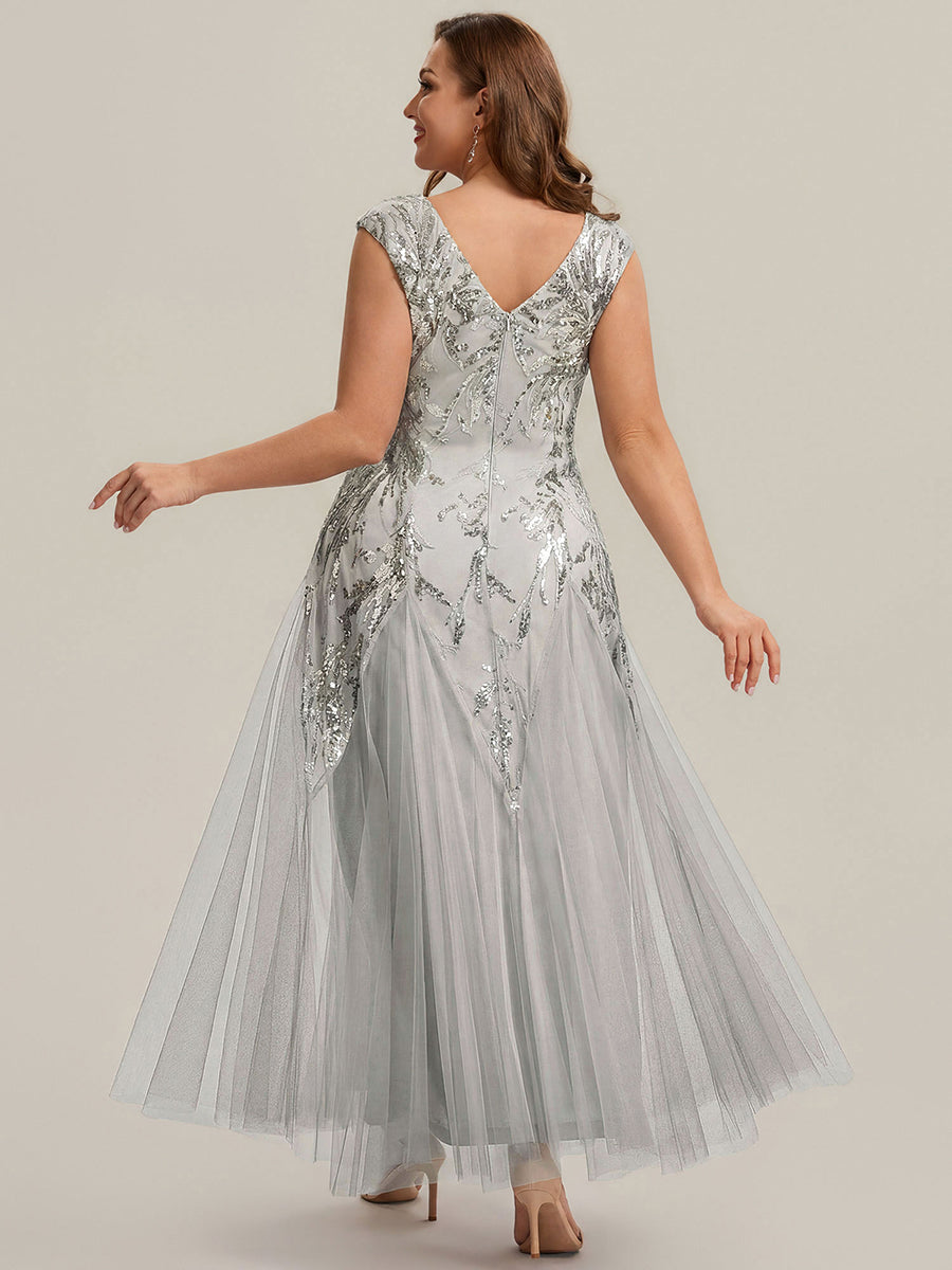Glitter Embroidered Cap Sleeve High Stretch Mother of the Bride Dress #color_Silver