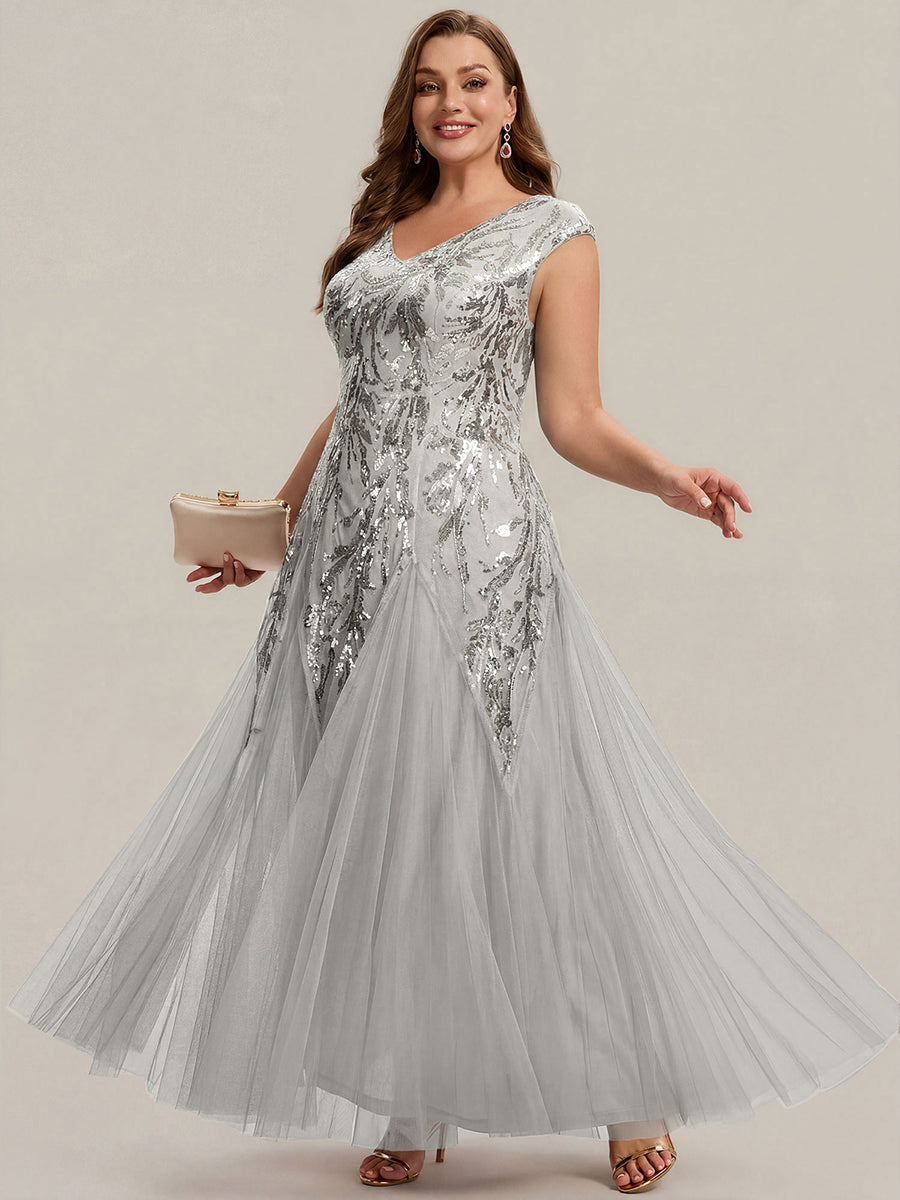 Glitter Embroidered Cap Sleeve High Stretch Mother of the Bride Dress #color_Silver