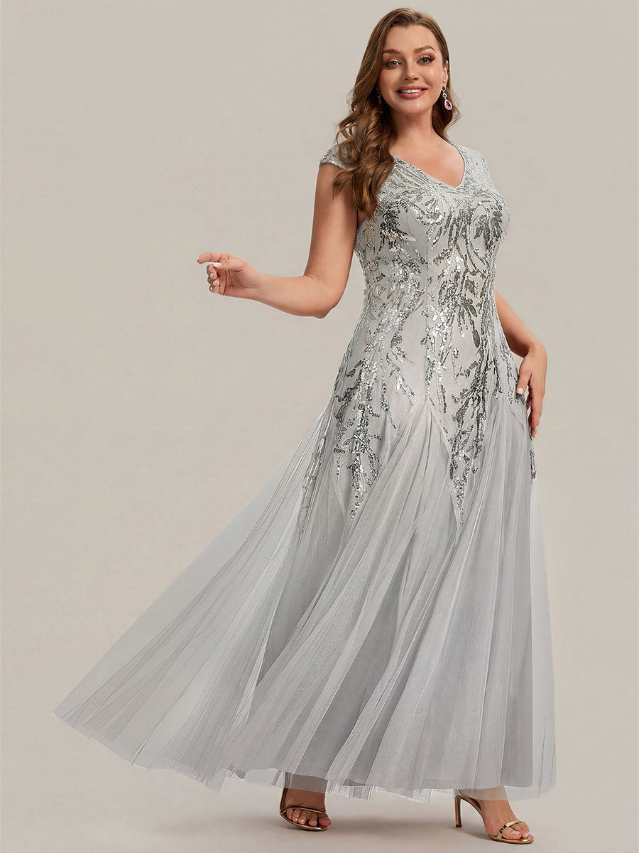 Glitter Embroidered Cap Sleeve High Stretch Mother of the Bride Dress #color_Silver