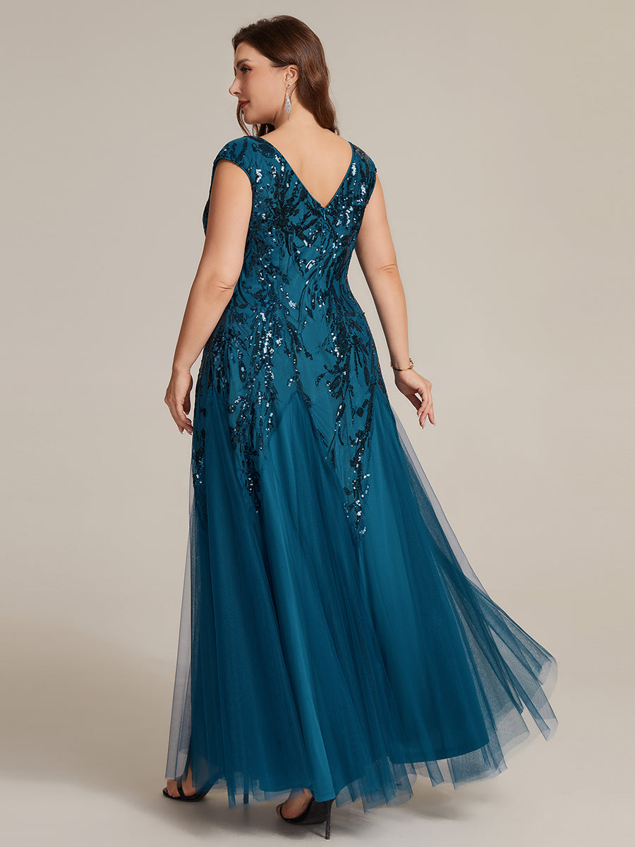 Glitter Embroidered Cap Sleeve High Stretch Mother of the Bride Dress #color_Teal