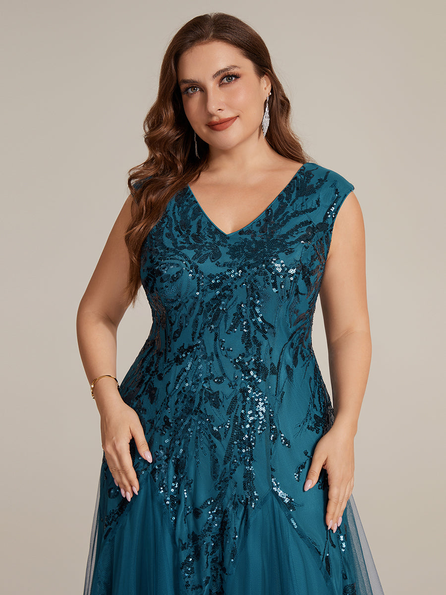 Glitter Embroidered Cap Sleeve High Stretch Mother of the Bride Dress #color_Teal