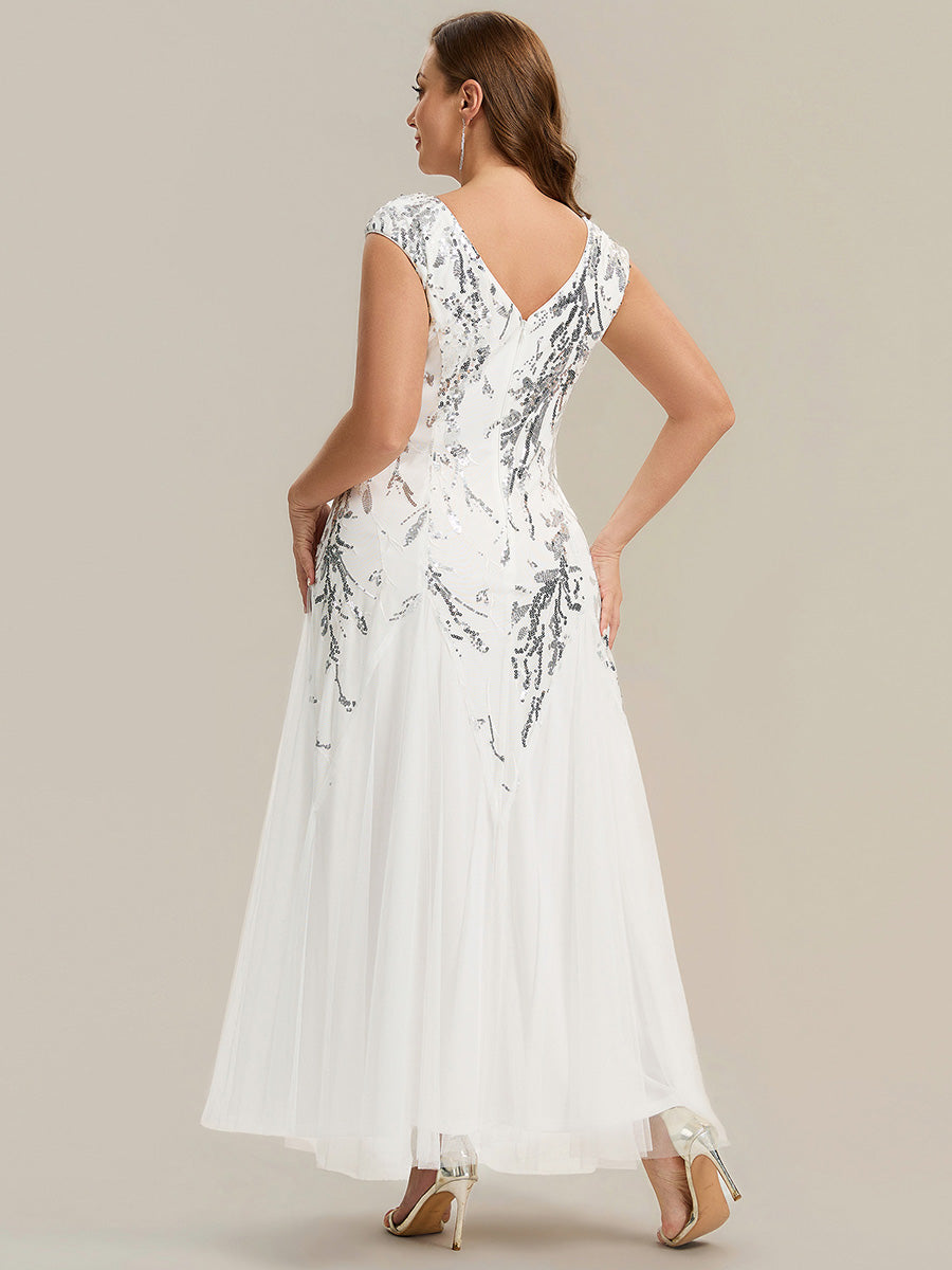 Glitter Embroidered Cap Sleeve High Stretch Mother of the Bride Dress #color_White