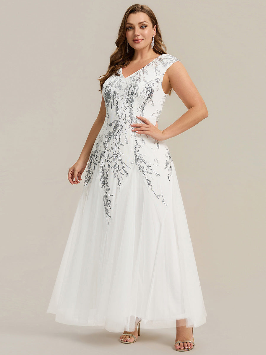 Glitter Embroidered Cap Sleeve High Stretch Mother of the Bride Dress #color_White