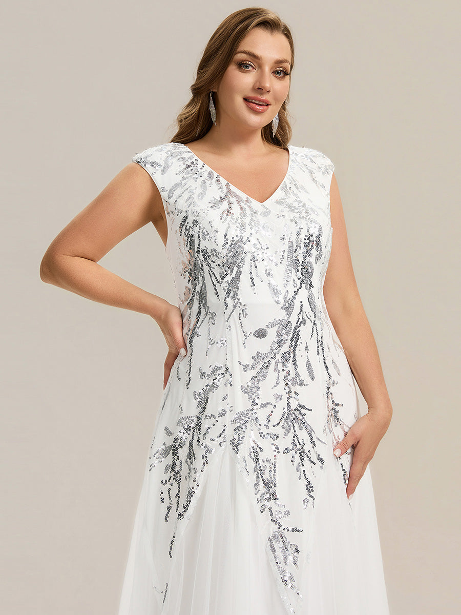 Glitter Embroidered Cap Sleeve High Stretch Mother of the Bride Dress #color_White