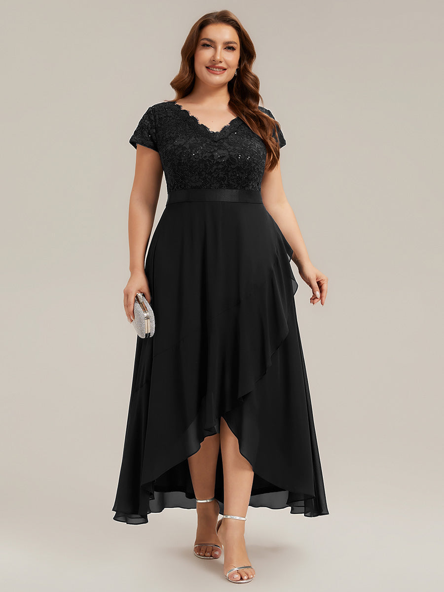 Plus Size Deep V-Neck Chiffon Evening Dress #color_Black
