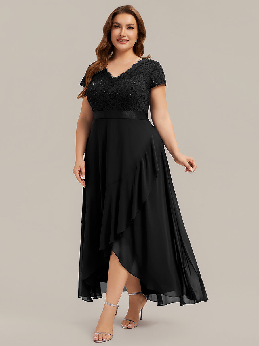 Plus Size Deep V-Neck Chiffon Evening Dress #color_Black