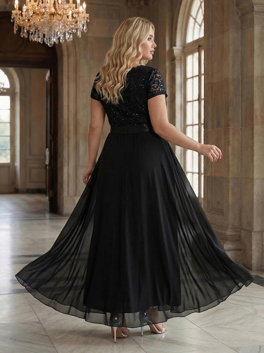 Plus Size Deep V-Neck Chiffon Evening Dress #color_Black