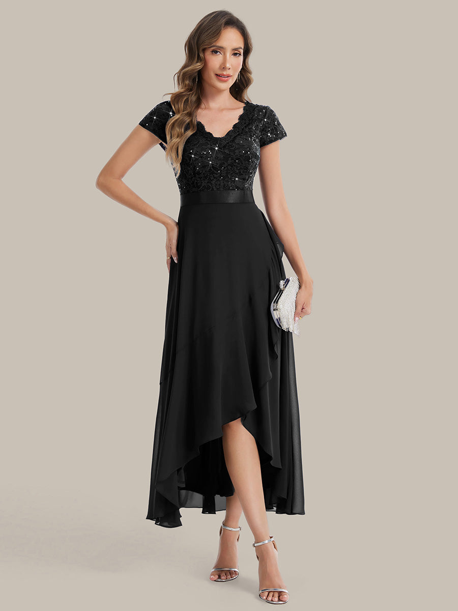 Deep V-Neck Chiffon Cap Sleeve Evening Dress #color_Black