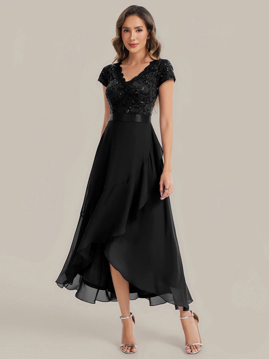 Deep V-Neck Chiffon Cap Sleeve Evening Dress #color_Black