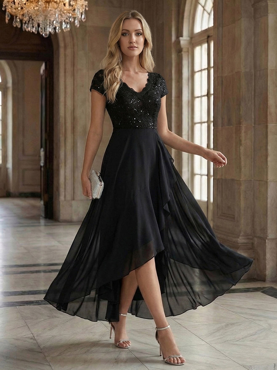Deep V-Neck Chiffon Cap Sleeve Evening Dress #color_Black