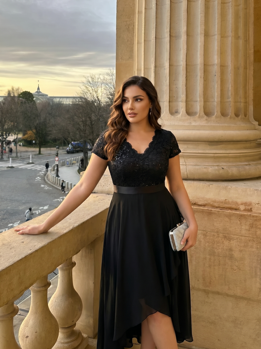 Plus Size Deep V-Neck Chiffon Evening Dress #color_Black