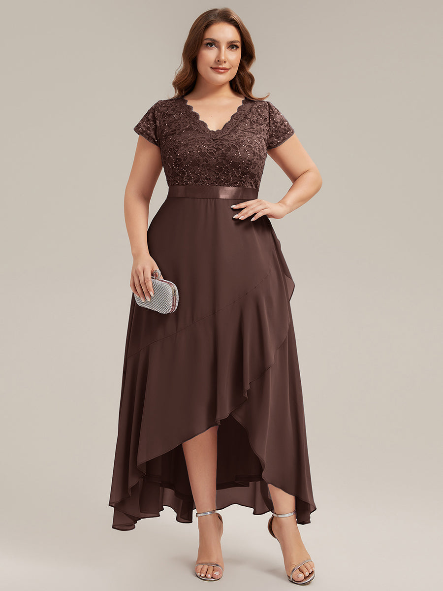 Plus Size Deep V-Neck Chiffon Evening Dress #color_Chocolate  Brown