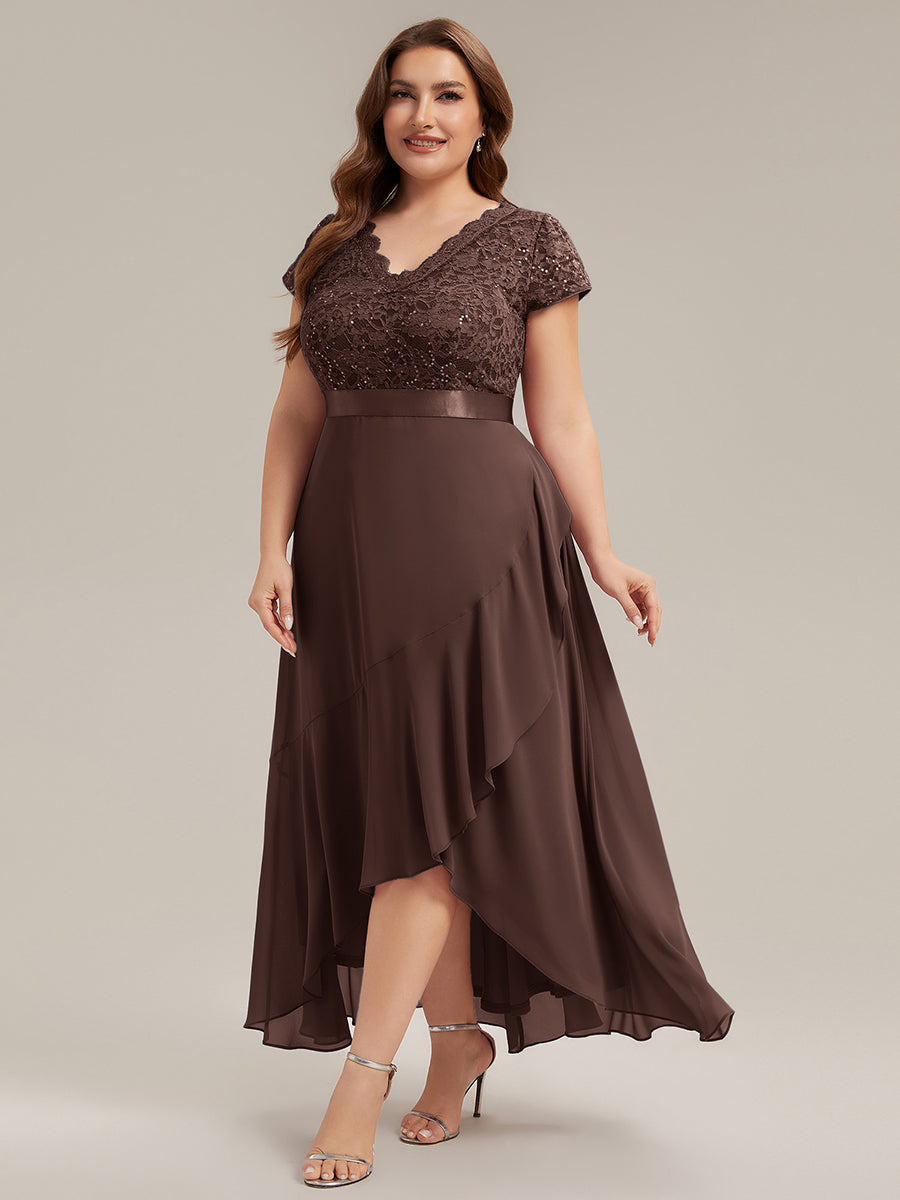 Plus Size Deep V-Neck Chiffon Evening Dress #color_Chocolate  Brown