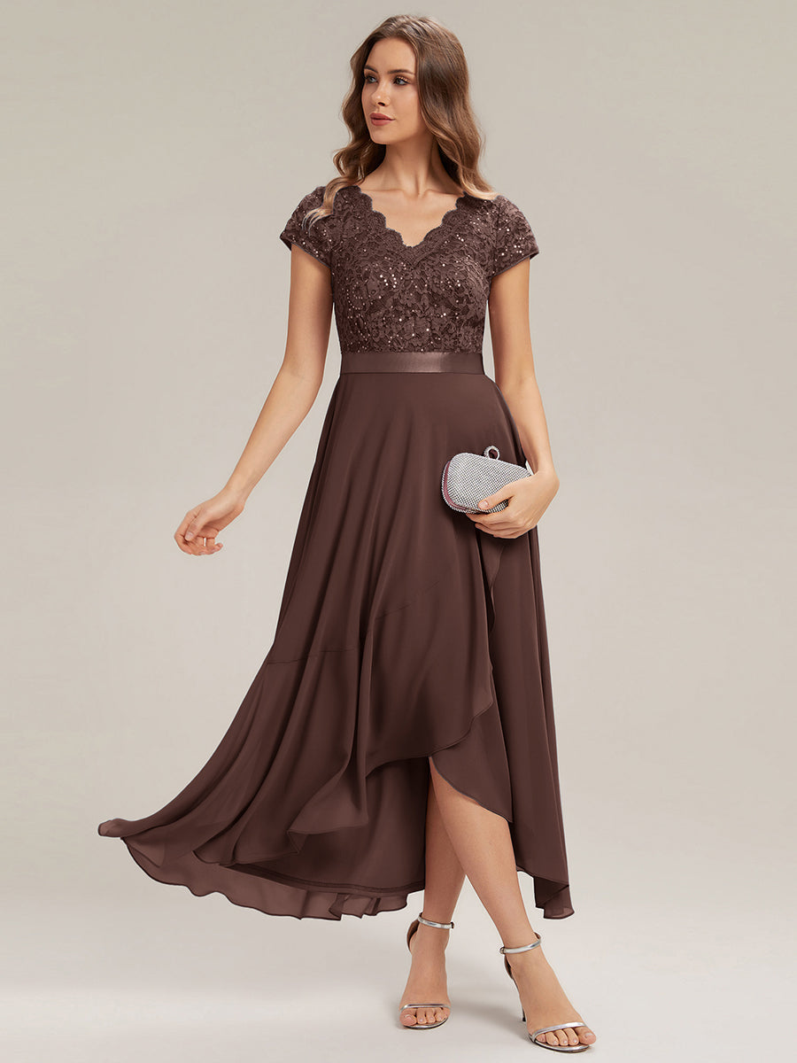 Deep V-Neck Chiffon Cap Sleeve Evening Dress #color_Chocolate  Brown