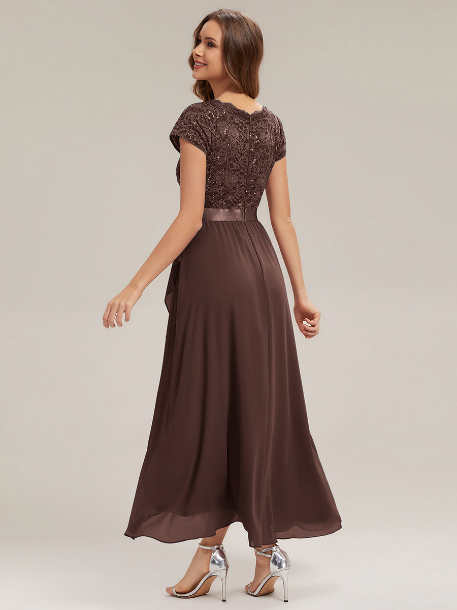Deep V-Neck Chiffon Cap Sleeve Evening Dress #color_Chocolate  Brown