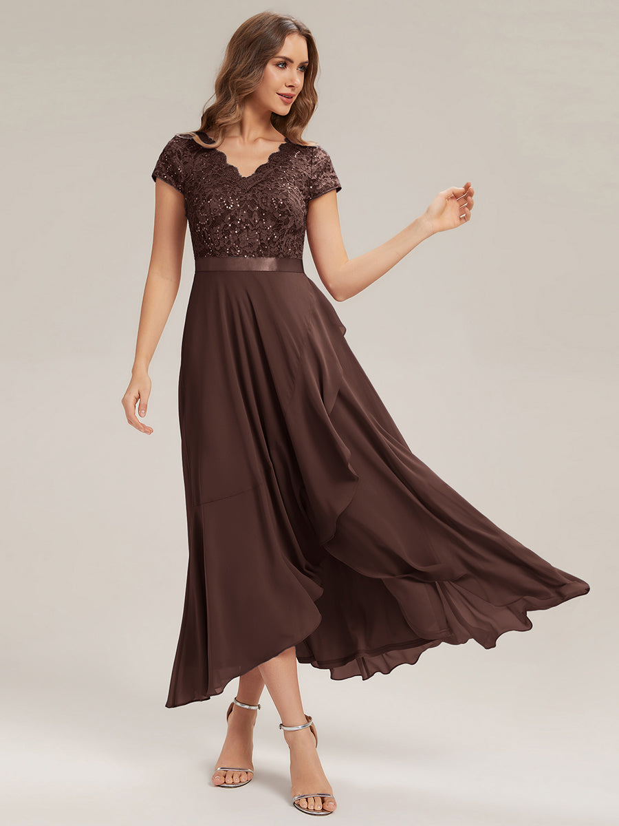 Deep V-Neck Chiffon Cap Sleeve Evening Dress #color_Chocolate  Brown