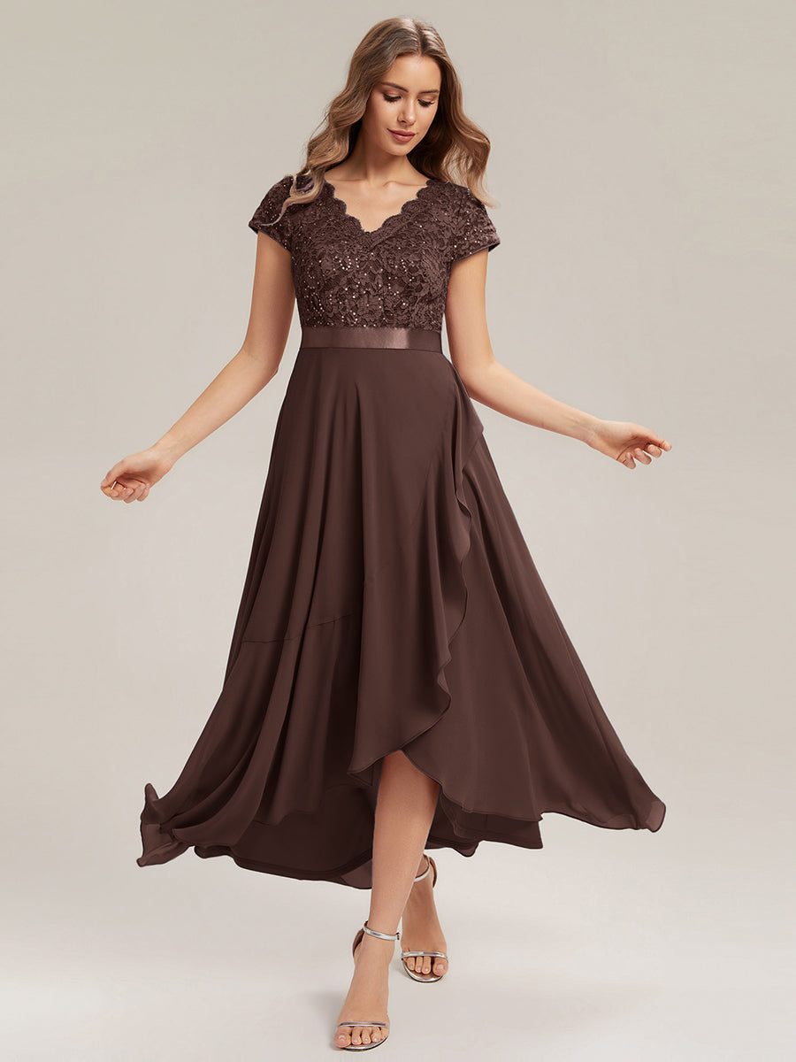 Deep V-Neck Chiffon Cap Sleeve Evening Dress #color_Chocolate  Brown