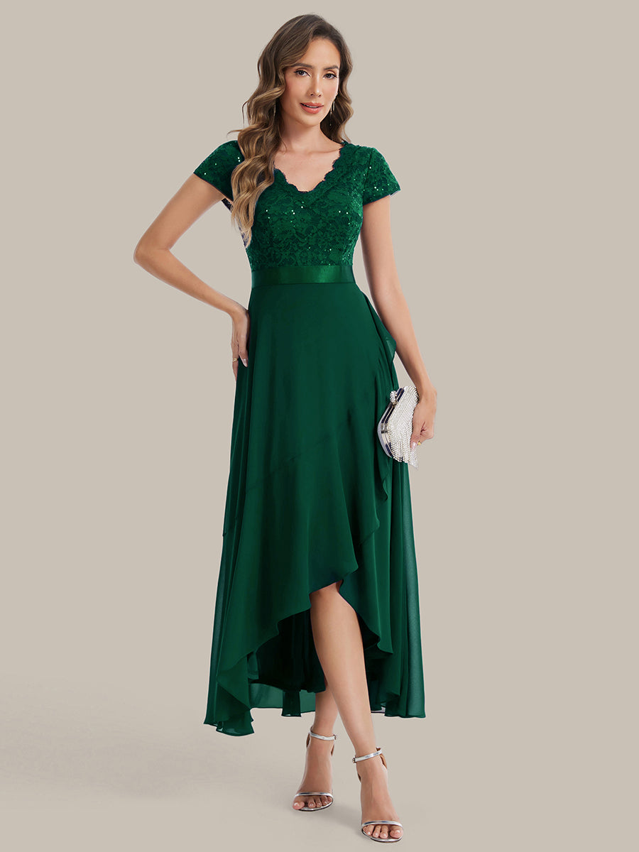 Deep V-Neck Chiffon Cap Sleeve Evening Dress #color_Dark Green