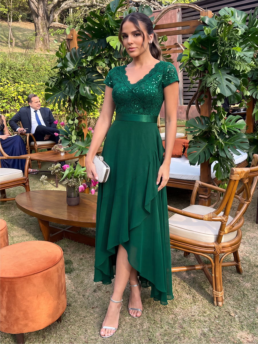 Deep V-Neck Chiffon Cap Sleeve Evening Dress #color_Dark Green