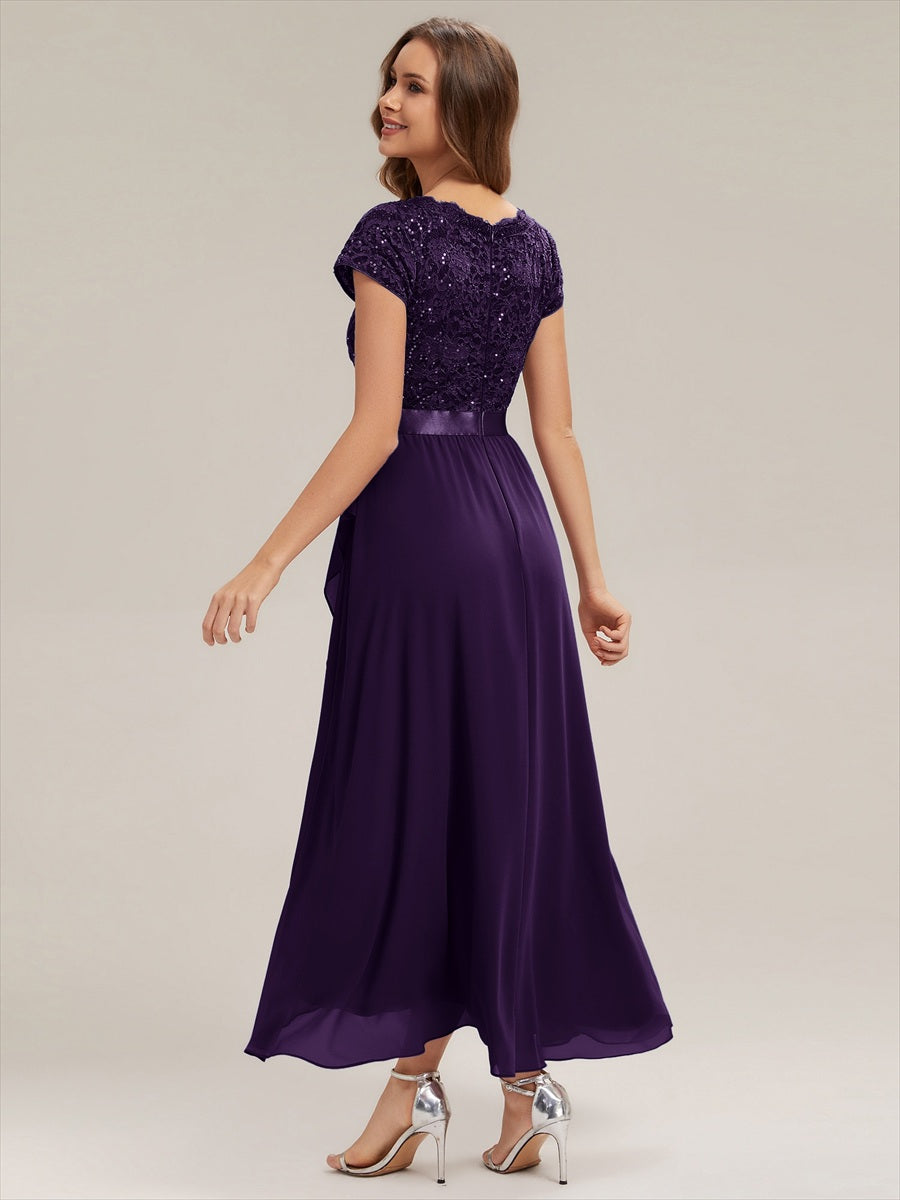 Deep V-Neck Chiffon Cap Sleeve Evening Dress #color_Dark Purple