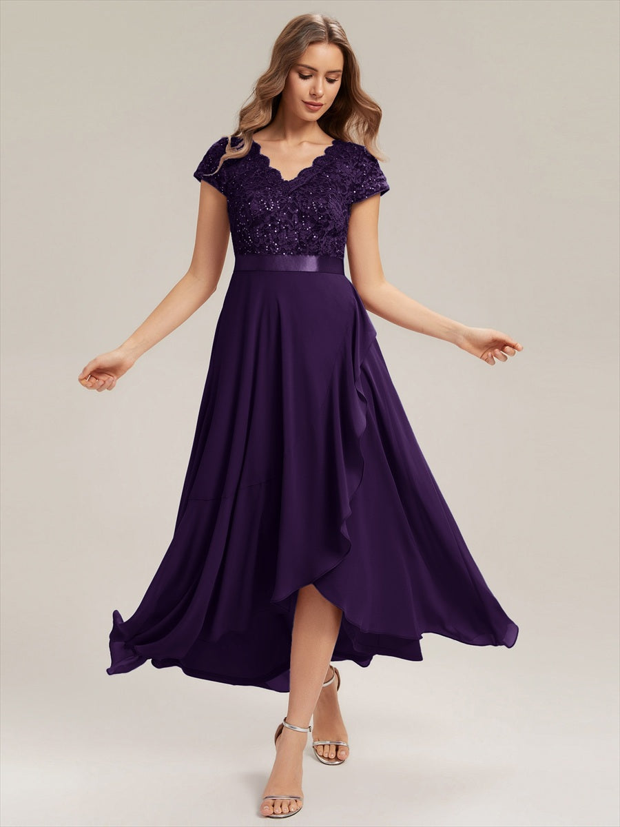 Deep V-Neck Chiffon Cap Sleeve Evening Dress #color_Dark Purple