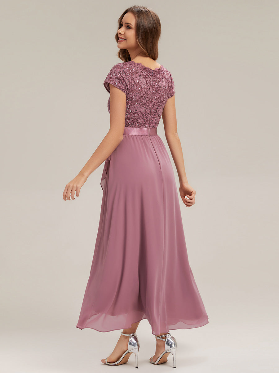 Deep V-Neck Chiffon Cap Sleeve Evening Dress #color_Purple Orchid