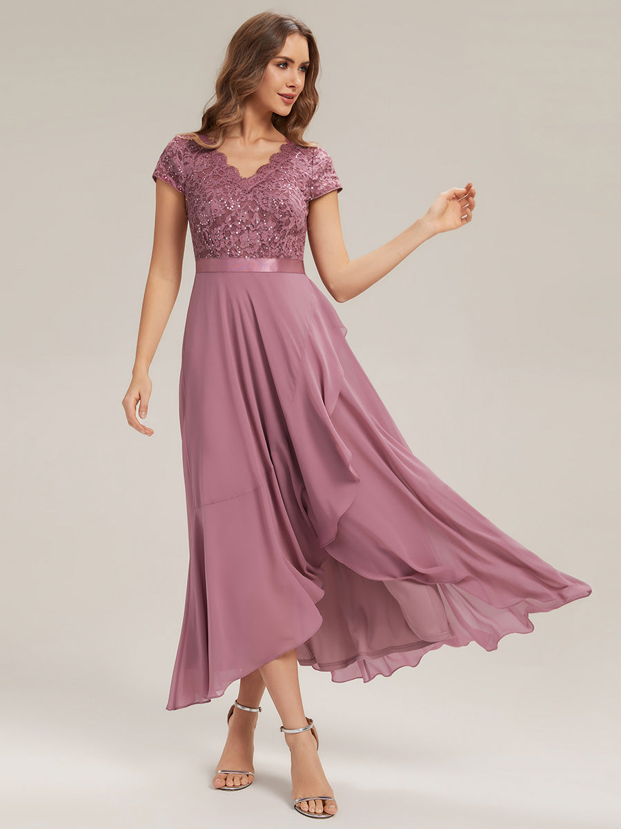 Deep V-Neck Chiffon Cap Sleeve Evening Dress #color_Purple Orchid