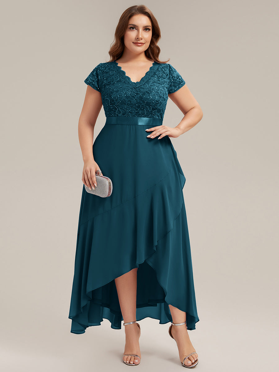 Plus Size Deep V-Neck Chiffon Evening Dress #color_Teal Blue