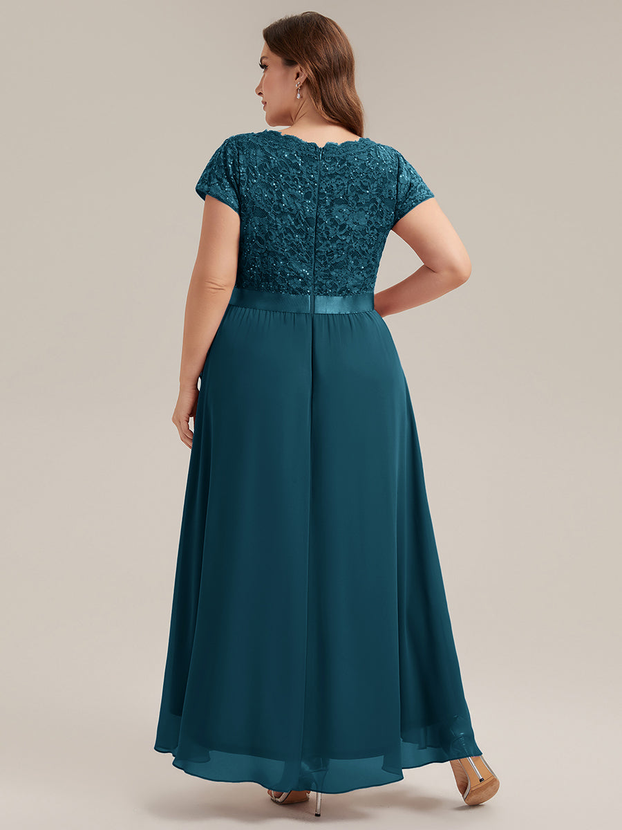 Plus Size Deep V-Neck Chiffon Evening Dress #color_Teal Blue