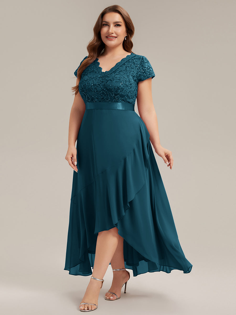 Plus Size Deep V-Neck Chiffon Evening Dress #color_Teal Blue