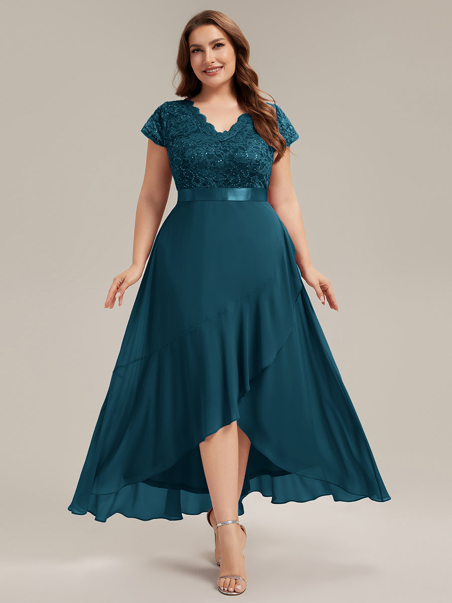 Plus Size Deep V-Neck Chiffon Evening Dress #color_Teal Blue
