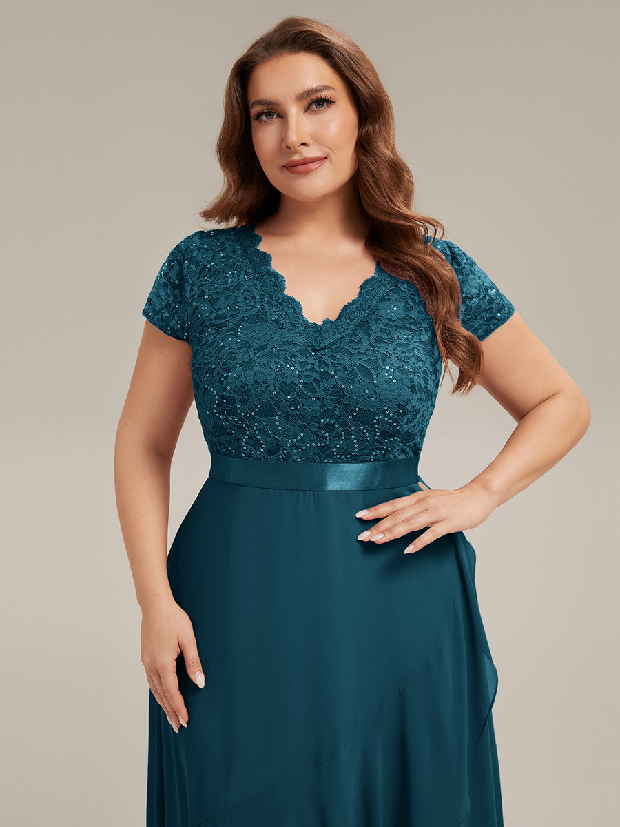 Plus Size Deep V-Neck Chiffon Evening Dress #color_Teal Blue