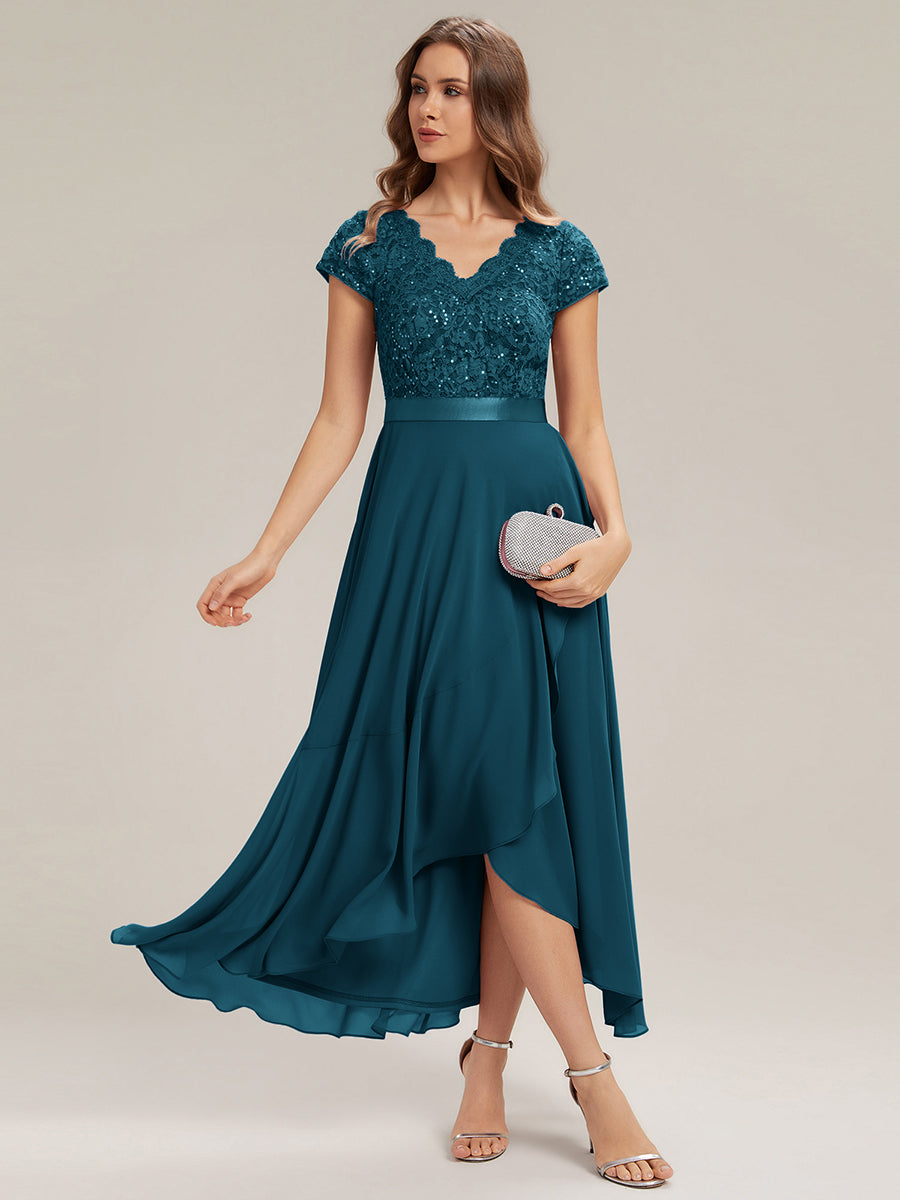 Deep V-Neck Chiffon Cap Sleeve Evening Dress #color_Teal Blue