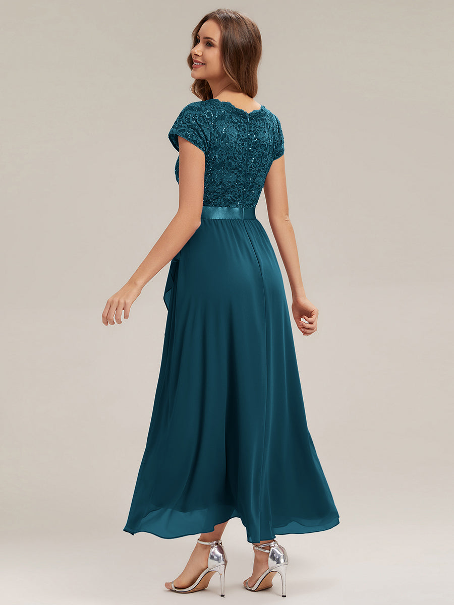 Deep V-Neck Chiffon Cap Sleeve Evening Dress #color_Teal Blue