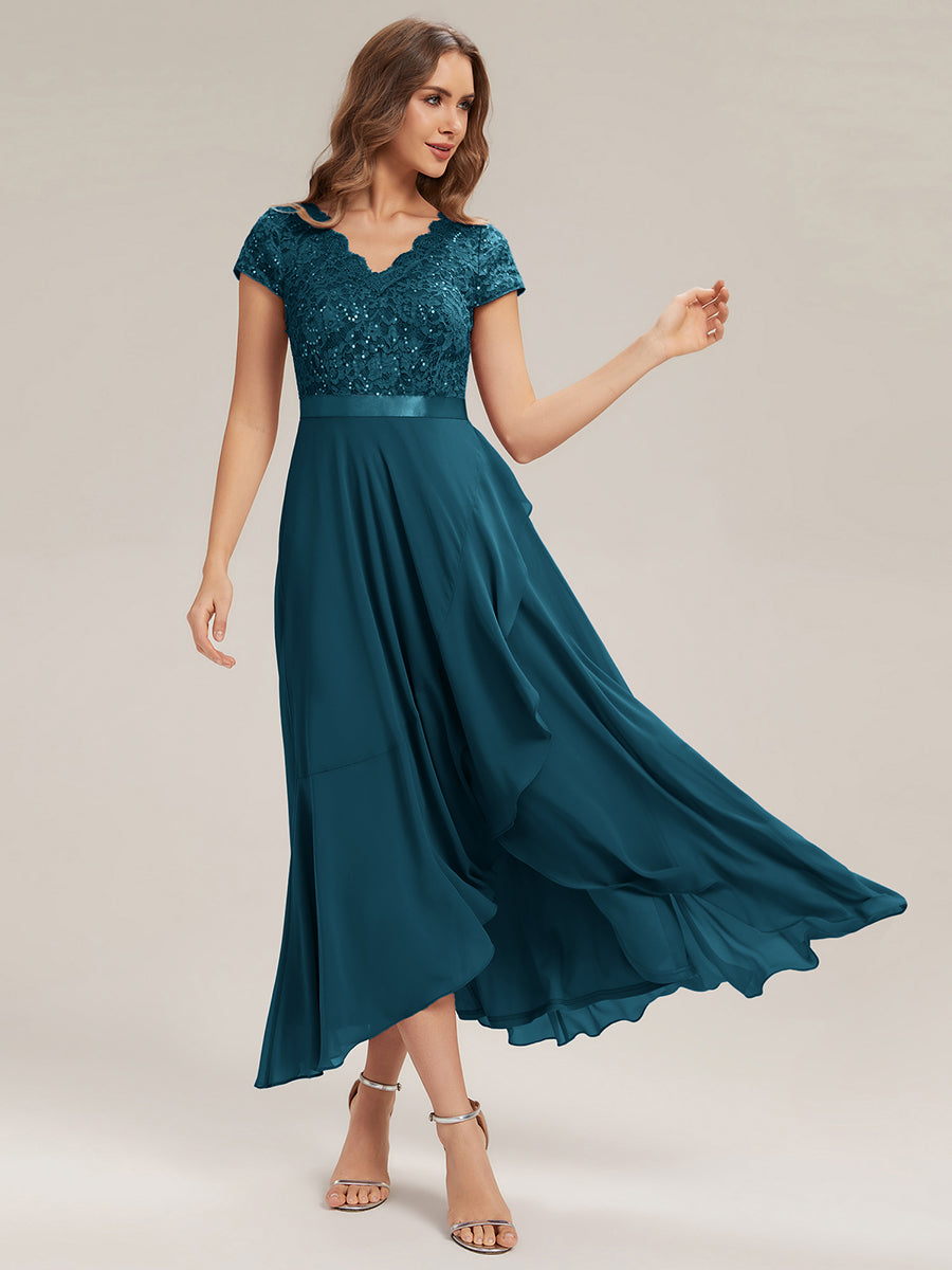 Deep V-Neck Chiffon Cap Sleeve Evening Dress #color_Teal Blue