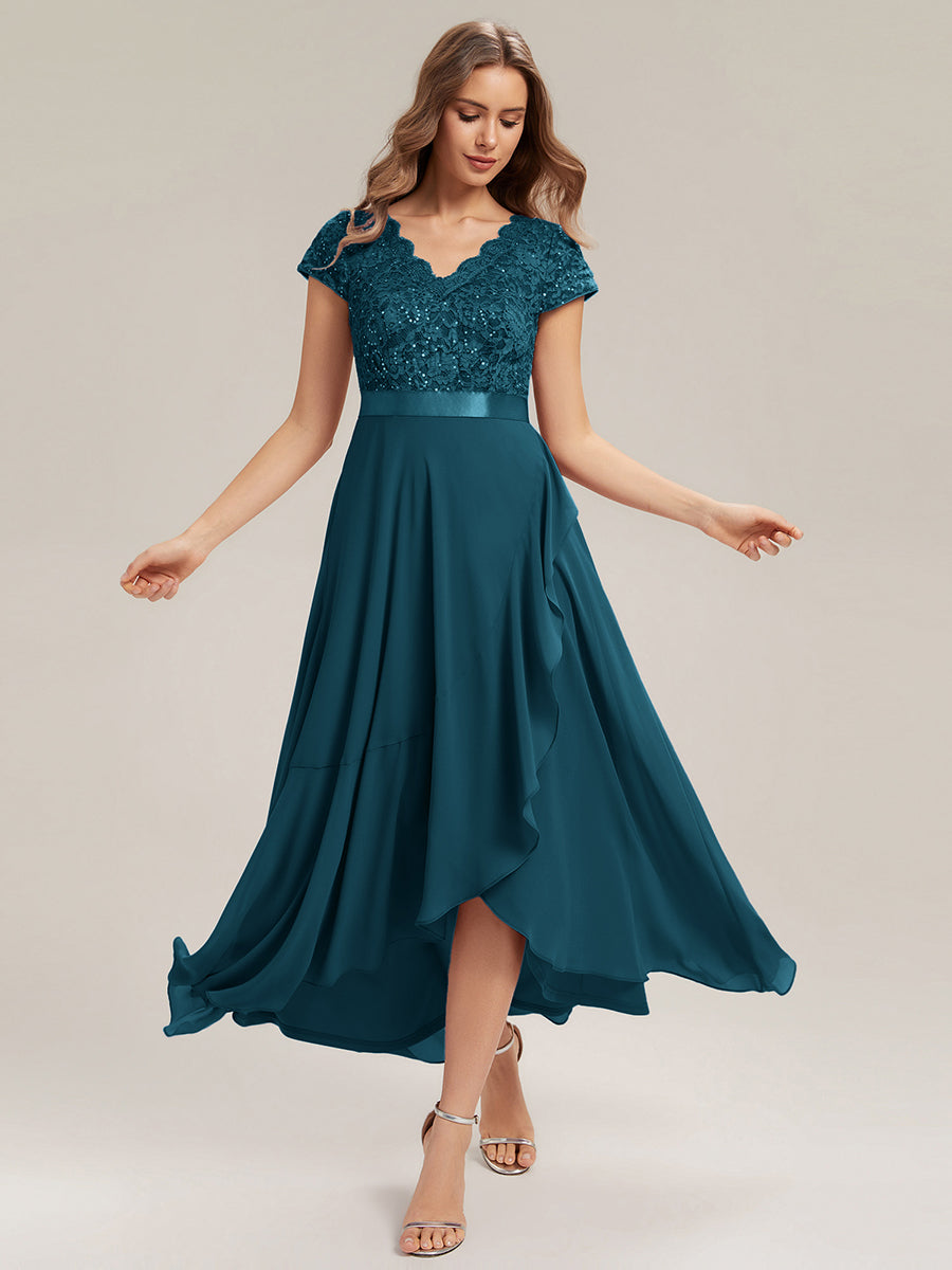 Deep V-Neck Chiffon Cap Sleeve Evening Dress #color_Teal Blue